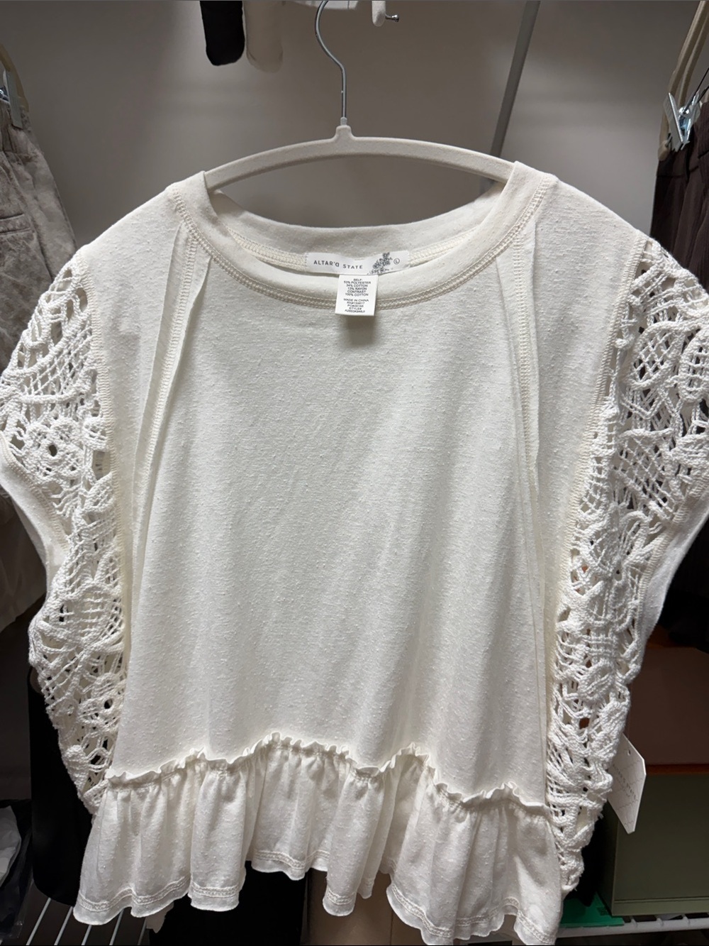 Altar'd State Cream Crochet Sleeve Ruffle Hem Tunic